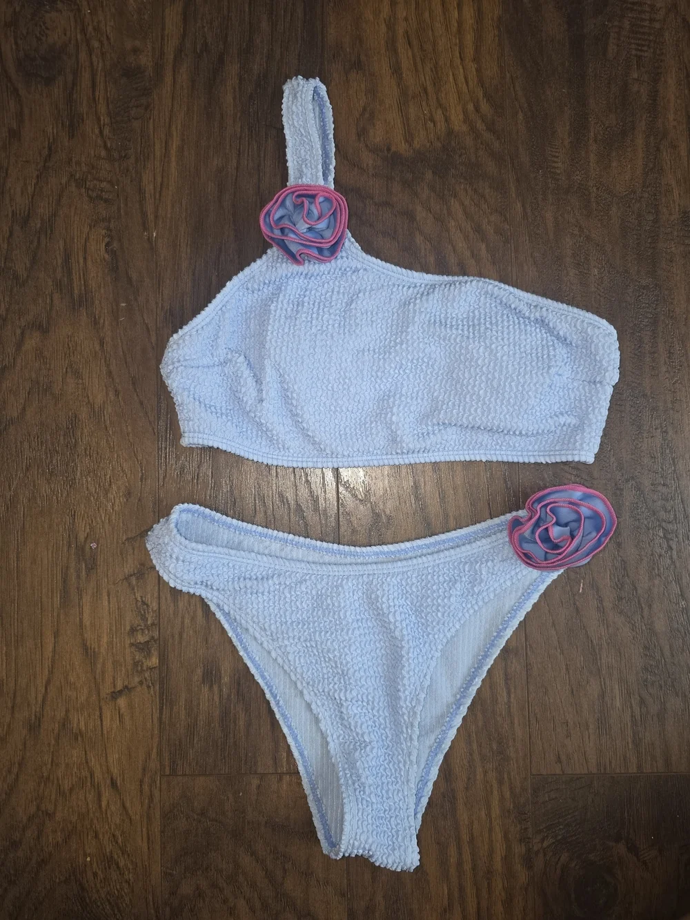Light Blue Vintage Inspired One-Shoulder Textured Bikini with Pink Floral